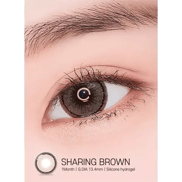 LensRang Sharing Brown — single-eye close-up showing the contact lens appearance