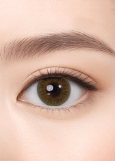 Clalen O2O2 Misty Khaki Green Monthly 12.8mm — close-up view of the contact lens on an eye