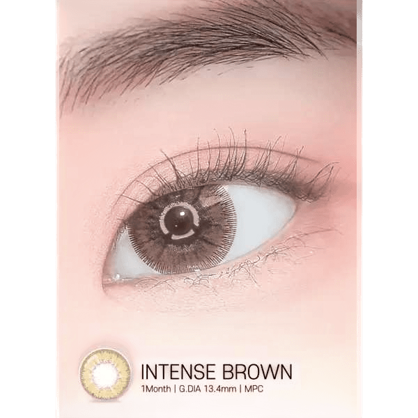 LensRang Intense Brown — single-eye close-up showing the contact lens appearance