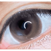 Olens Cherry Moon Brown — single-eye close-up showing the contact lens appearance