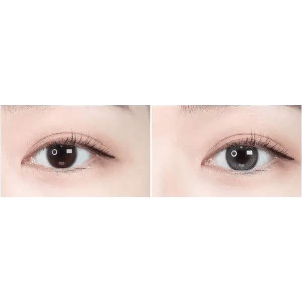 Olens Eyelighter Glowy Ash Gray — both eyes wearing the contact lenses