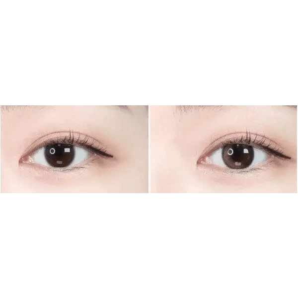 Olens Eyelighter Glowy Brown — both eyes wearing the contact lenses