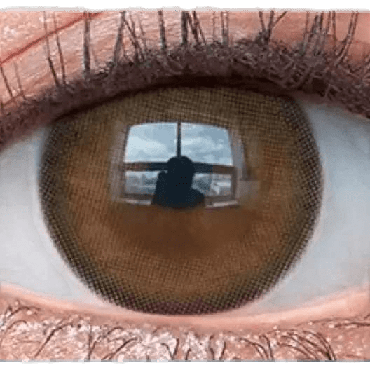 Olens Nils Brown — single-eye close-up showing the contact lens appearance