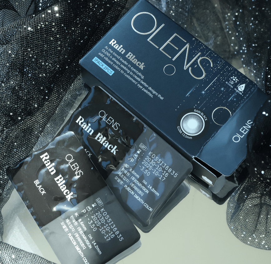 Olens Rain Black colored contact lens, 13.5mm graphic diameter, Monthly wear