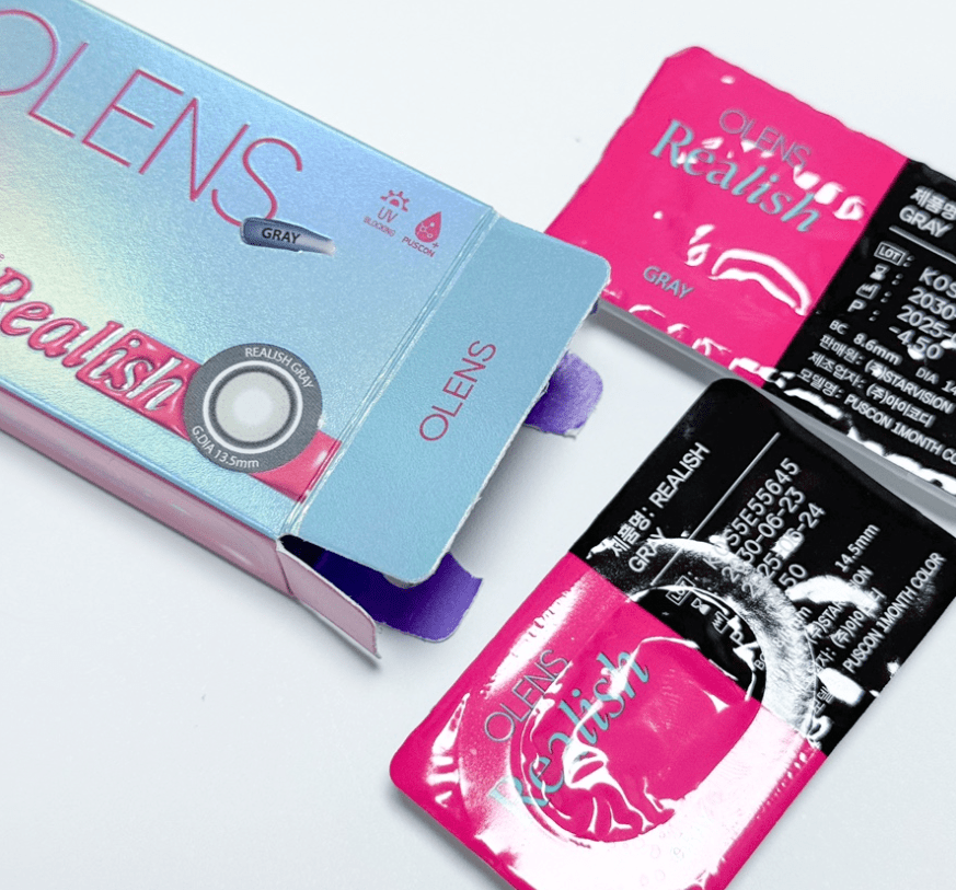 Olens Realish Gray colored contact lens, 13.5mm graphic diameter, Monthly wear