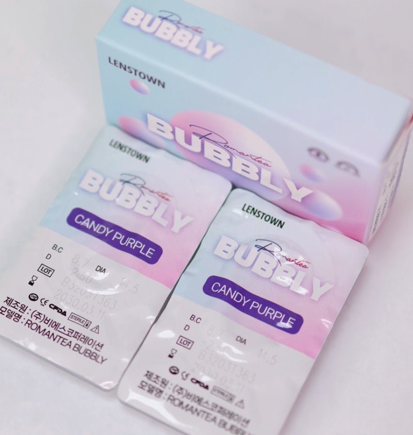 Romantea Bubbly Candy Purple Violet colored contact lens, 13.9mm graphic diameter, Monthly wear