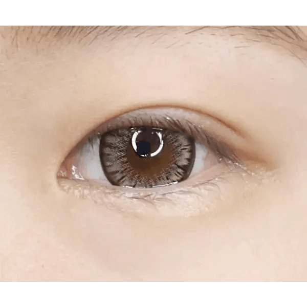 LensTown Back to Basic Macaron Brown — single-eye close-up showing the contact lens appearance