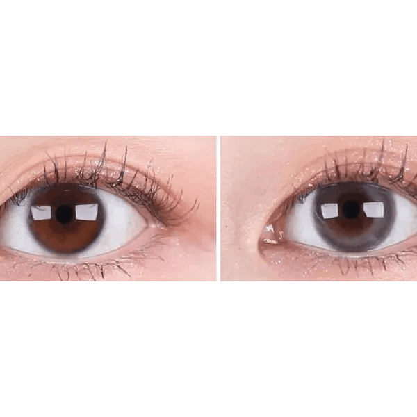 Olens Cherry Moon Gray — both eyes wearing the contact lenses