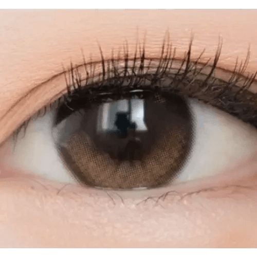 Olens Eyelighter Glowy 1Day Brown (20p) — single-eye close-up showing the contact lens appearance
