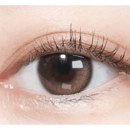 Olens Eyelighter Glowy 1Day Brown (20p) — single-eye close-up showing the contact lens appearance