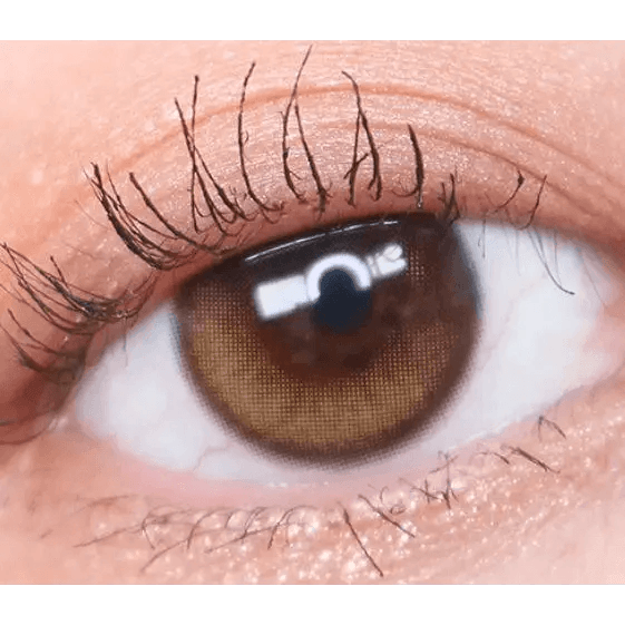Olens Eyelighter Glowy 1Day Brown (20p) — single-eye close-up showing the contact lens appearance