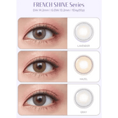 Olens French Shine Gray colored contact lens, 13.2mm graphic diameter, Monthly wear