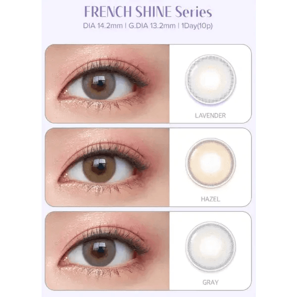 Olens French Shine Gray colored contact lens, 13.2mm graphic diameter, Monthly wear