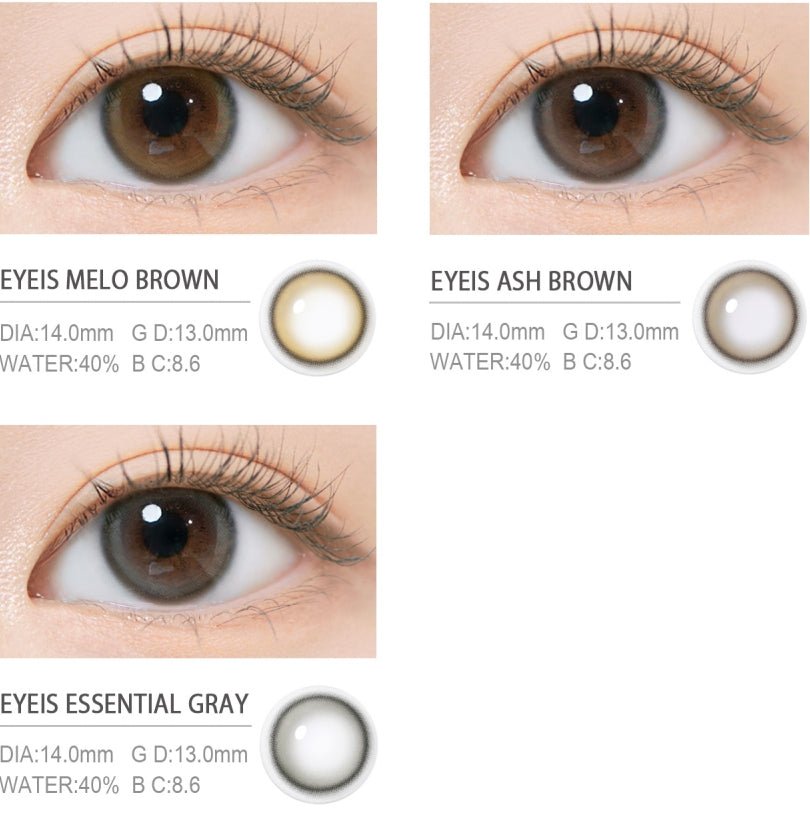 i-DOL Eyeis Ash Brown colored contact lens, 13.0mm graphic diameter, Monthly wear