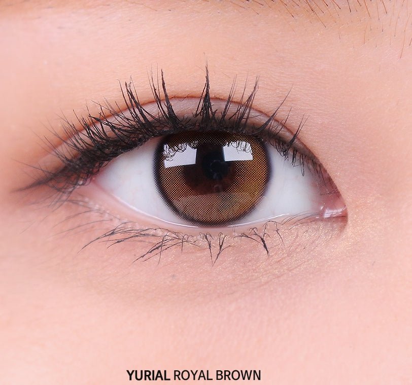 i-DOL Yurial Royal Brown — single-eye close-up showing the contact lens appearance