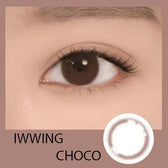 LensRang iWWi Iwwing Choco — single-eye close-up showing the contact lens appearance