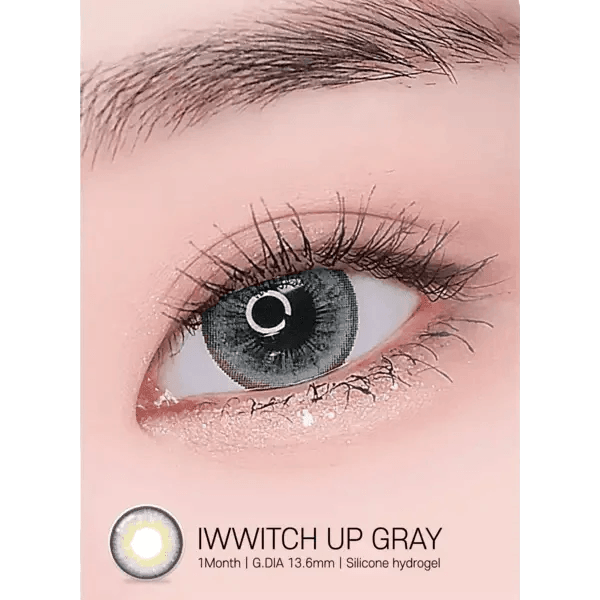 LensRang Iwwitch Up Gray — single-eye close-up showing the contact lens appearance