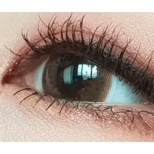 LensTown Thrice S Brown — single-eye close-up showing the contact lens appearance