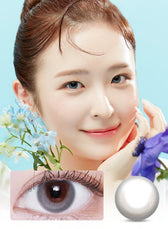 LensVery Rose Moon Cotton Gray colored contacts - model wearing the lenses with on-eye and lens-pattern detail