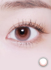 LensVery Rose Moon Rosy Pink colored contacts - on-eye close-up showing the color and design
