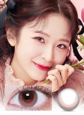 LensVery Rose Moon Rosy Pink colored contacts - model wearing the lenses with on-eye and lens-pattern detail