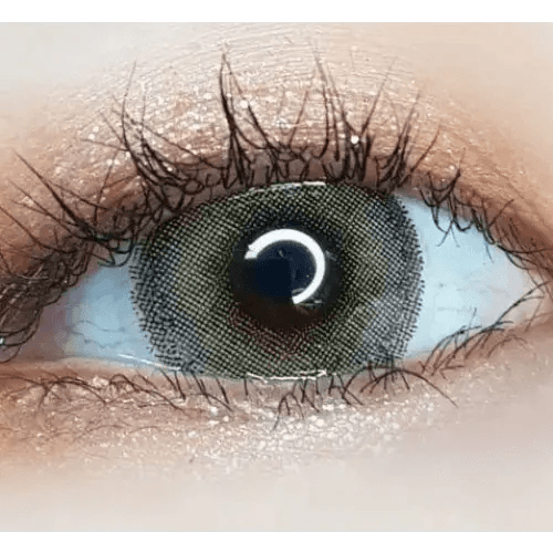 LensVery Silhouette1 Olive Brown — single-eye close-up showing the contact lens appearance