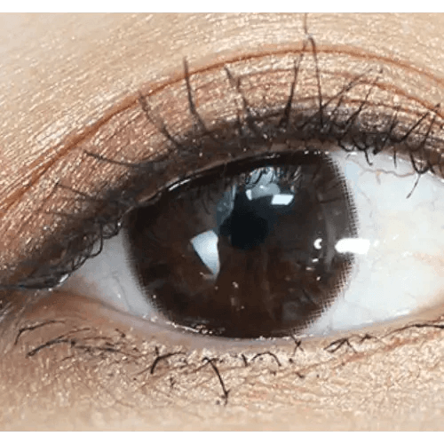 Olens It's Choco — single-eye close-up showing the contact lens appearance
