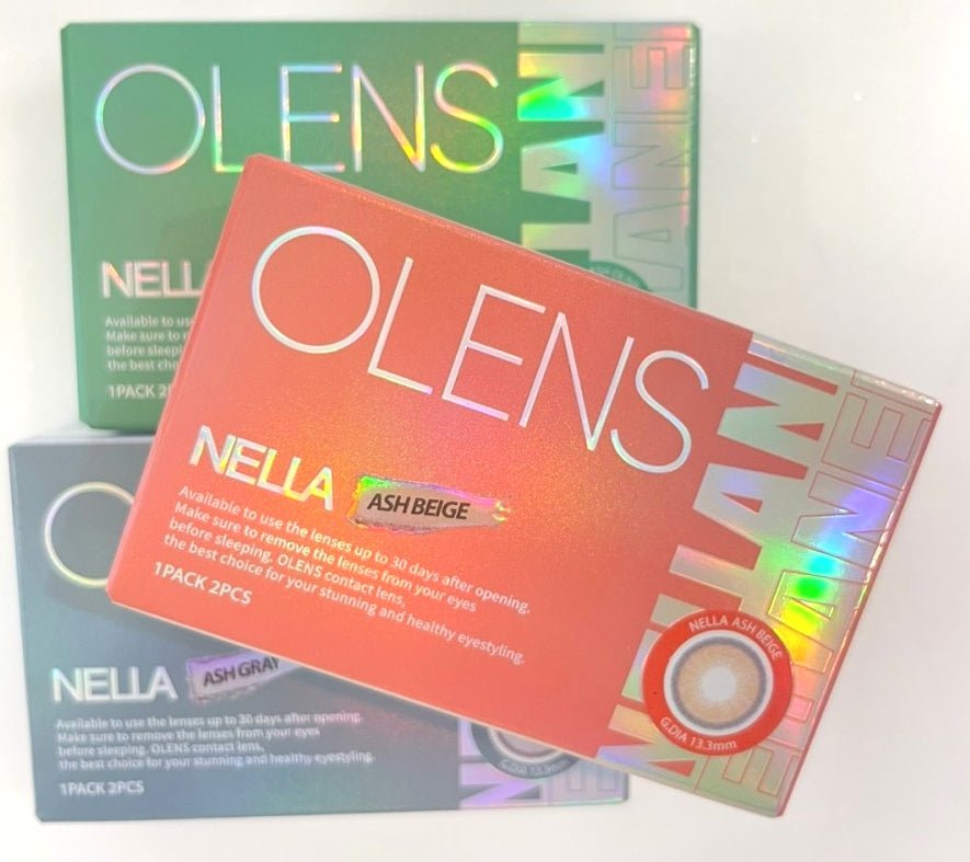 Olens Nella Ash Beige colored contact lens, 13.3mm graphic diameter, Monthly wear