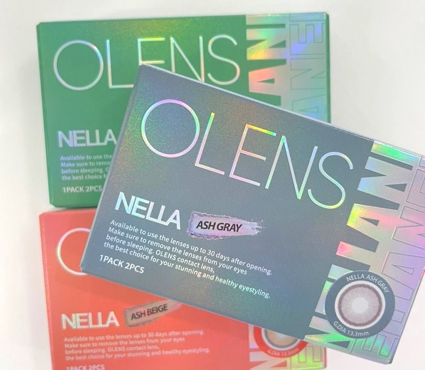 Olens Nella Ash Gray colored contact lens, 13.3mm graphic diameter, Monthly wear