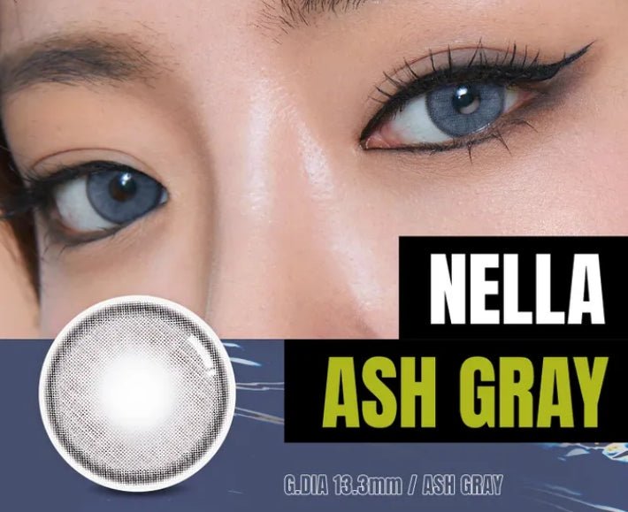 Olens Nella Ash Gray colored contact lens, 13.3mm graphic diameter, Monthly wear