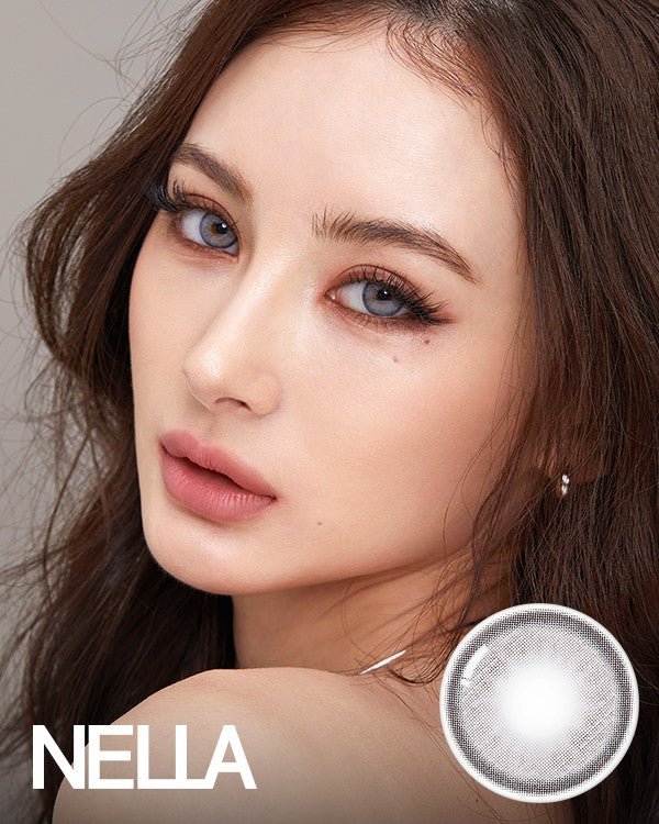 Olens Nella Ash Gray colored contact lens, 13.3mm graphic diameter, Monthly wear