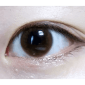 Olens Shining Pure Brown — single-eye close-up showing the contact lens appearance