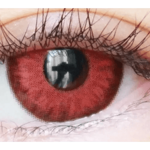 Olens Vampire Red — single-eye close-up showing the contact lens appearance