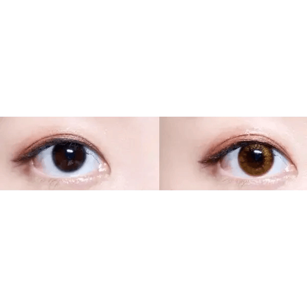 Olens Pearl Day Gold Brown — both eyes wearing the contact lenses