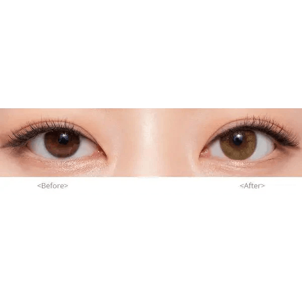 Olens Pearl Day Gold Brown — both eyes wearing the contact lenses