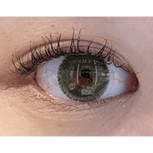 Olens Rich Green — single-eye close-up showing the contact lens appearance