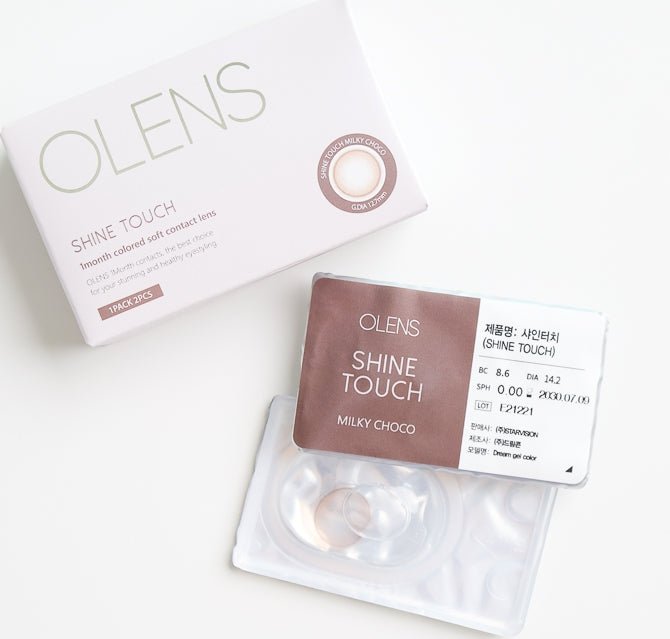 Olens Shine Touch Milky Choco colored contact lens, 12.7mm graphic diameter, Monthly wear